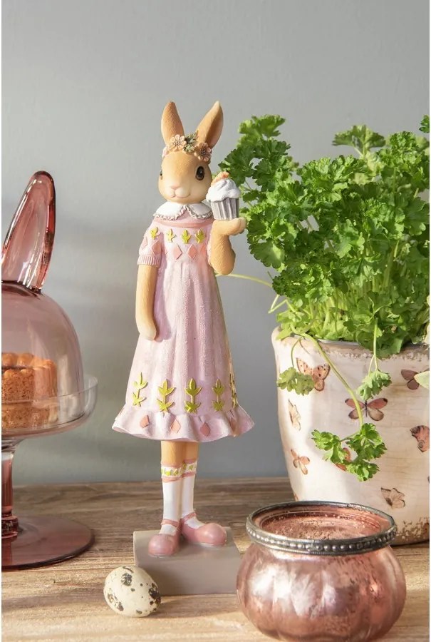 Dekorácia králičia slečna v ružových šatách s tortičkami - 9*8*28 cm