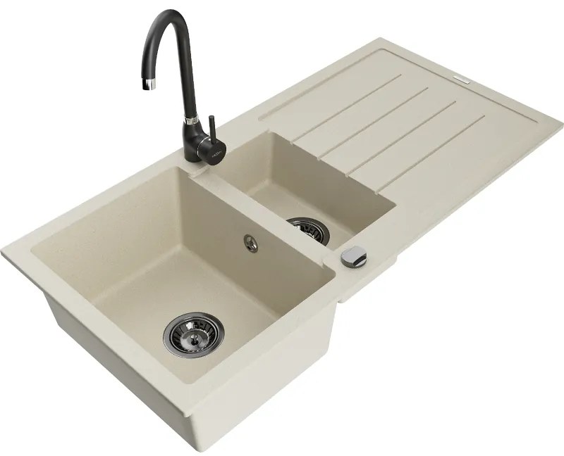 Mexen Andres, granitový drez 1000x500x200 mm, 1,5-komorový, béžová s čiernym sifónom a čierna drezová batéria Telma, 6515-69-670200-70