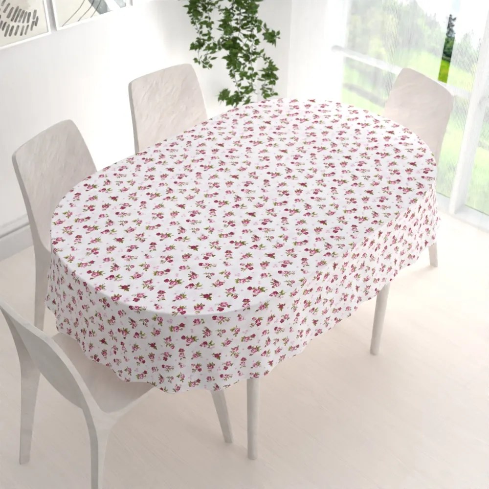 Biante Bavlnený oválny obrus Sandra SA-344 Ružovo-červené ružičky na bielom 120x200 cm