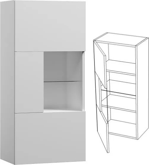 Závesná skrinka so sklenenou vitrínou MODERN - 50x30x108 cm - biela lesklá - push to open - ľavá