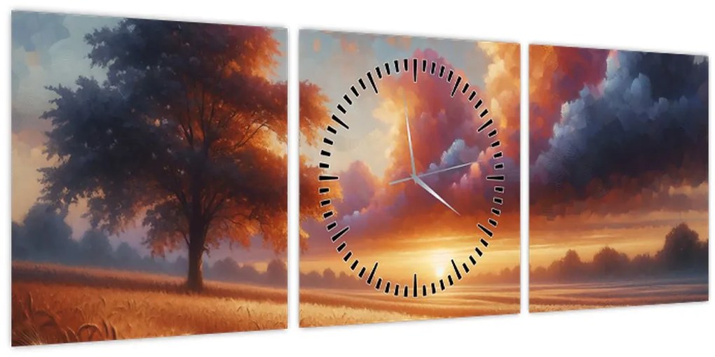 Obraz – Západ slnka na poli (s hodinami) (90x30 cm)