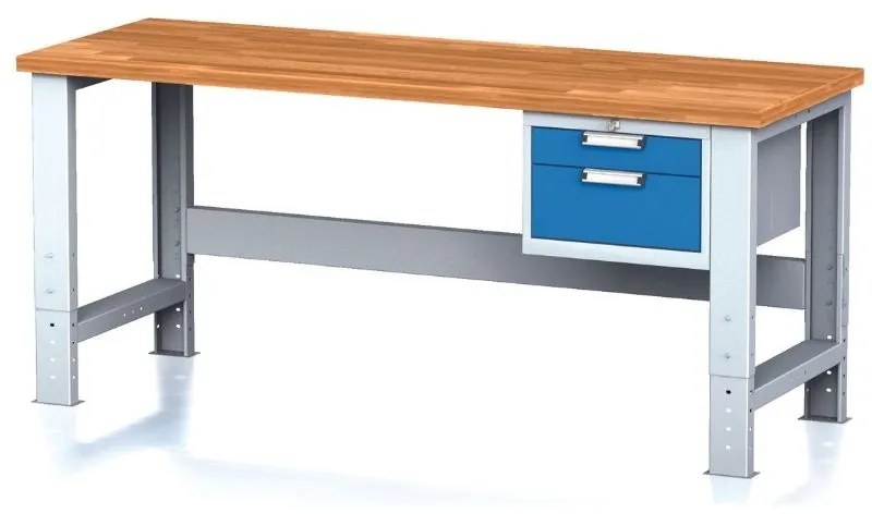 Nastaviteľný dielenský stôl MECHANIC I, závesný box na náradie, 2 zásuvky, 2000x685x700-1055 mm, modré dvere