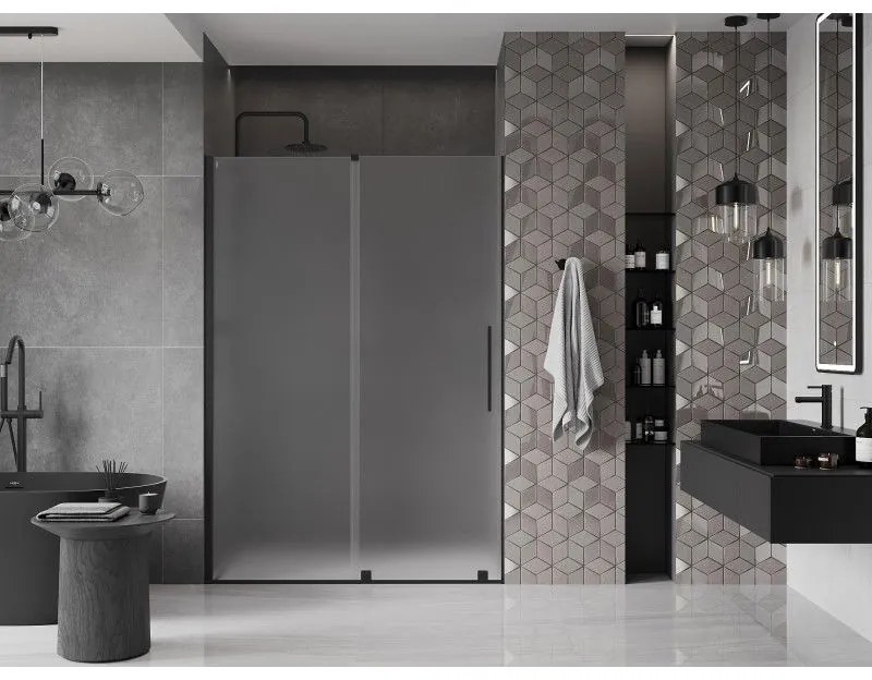 Mexen Velar, posuvné sprchové dvere do otvoru 160 cm, 8mm sklo námraza, čierna matná, 871-160-000-31-70