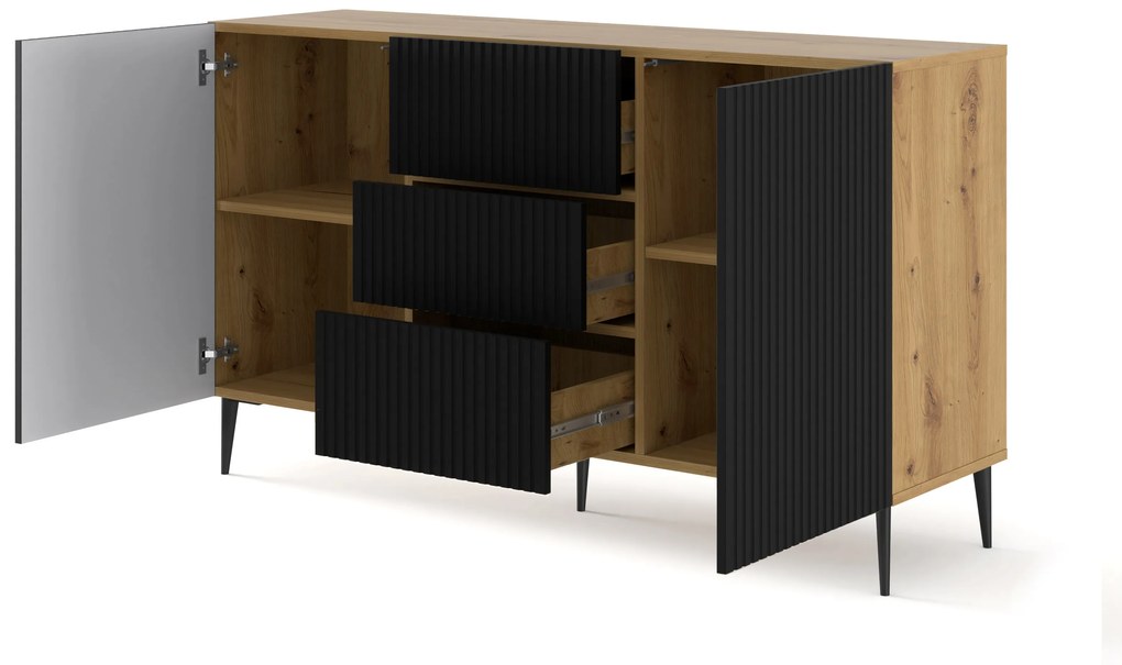 Komoda Rawy 2d3s 2 (dub artisan + čierna). Akcia -20%. Vlastná spoľahlivá doprava až k Vám domov. 1061125