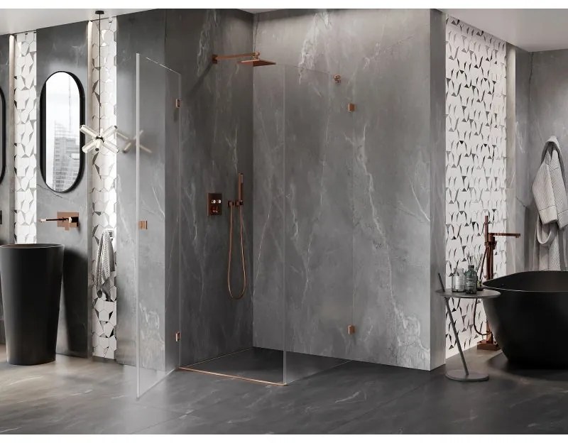 Mexen Lunar-B, výklopný sprchový kút ľavý 80 x 80 cm, 8mm číre sklo, profil medená matná, 832-080-080-65-00-L