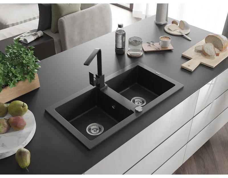 Mexen Mario, granitový drez 820x436x161 mm, 2-komorový, čierna-strieborná metalíza s chrómovým sifónom a čierna drezová batéria Rita, 6504-73-670300-70
