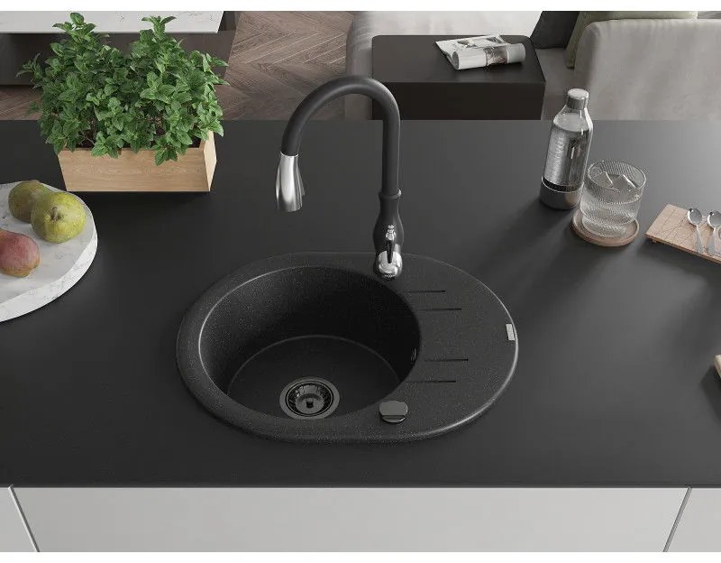 Mexen Kevin, granitový drez 586x458x190 mm, 1-komorový a drezová batéria Savita, čierna-strieborná metalíza, 6517-73-672601-70-B