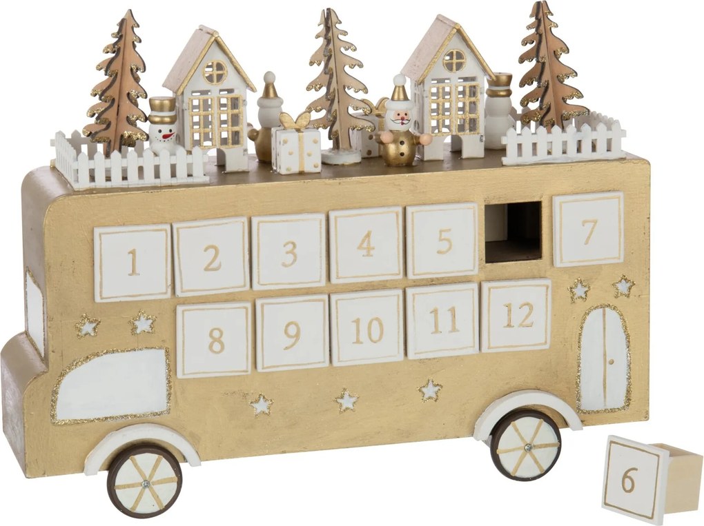 Adventný kalendár autobus preglejka zlatobiely J-line – 31*9*24 cm