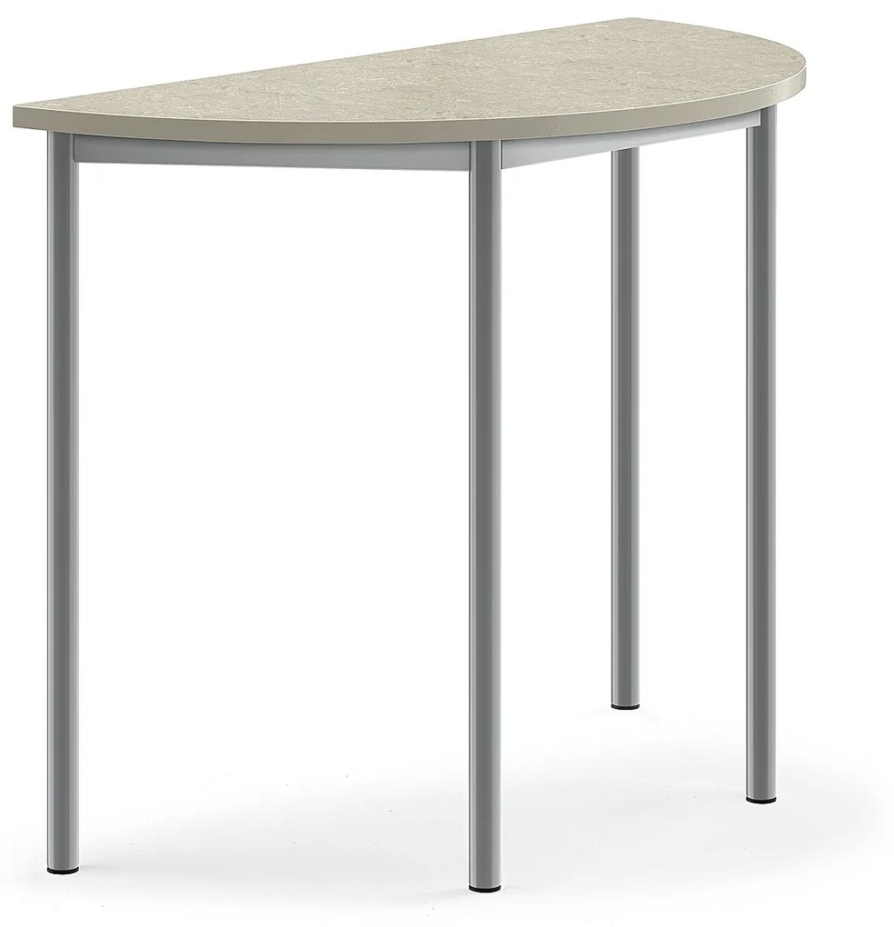 Stôl SONITUS, polkruh, 1200x600x900 mm, linoleum - svetlošedá, strieborná