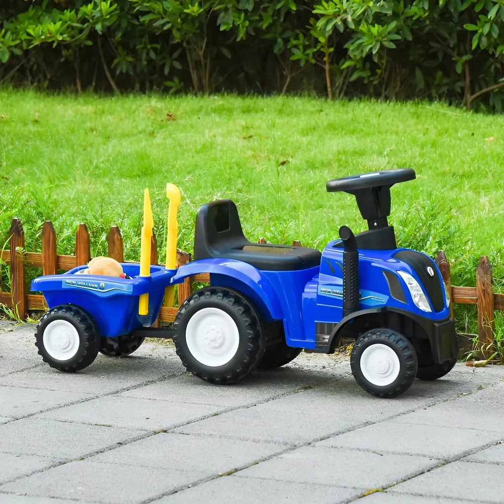 MULTISTORE Jazdík traktor New Holland s odpojiteľnou príveskou, interaktívny volant, modrý