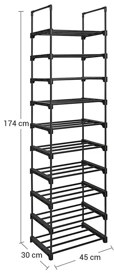 Stohovateľný regál na topánky TUBE, 10 políc, 45x30x174cm, čierna SongmicsHome