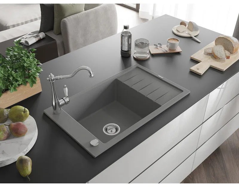 Mexen Elias, granitový drez 795x480x200 mm, 1-komorový a drezová batéria Carla, šedá, 6511-71-670700-00