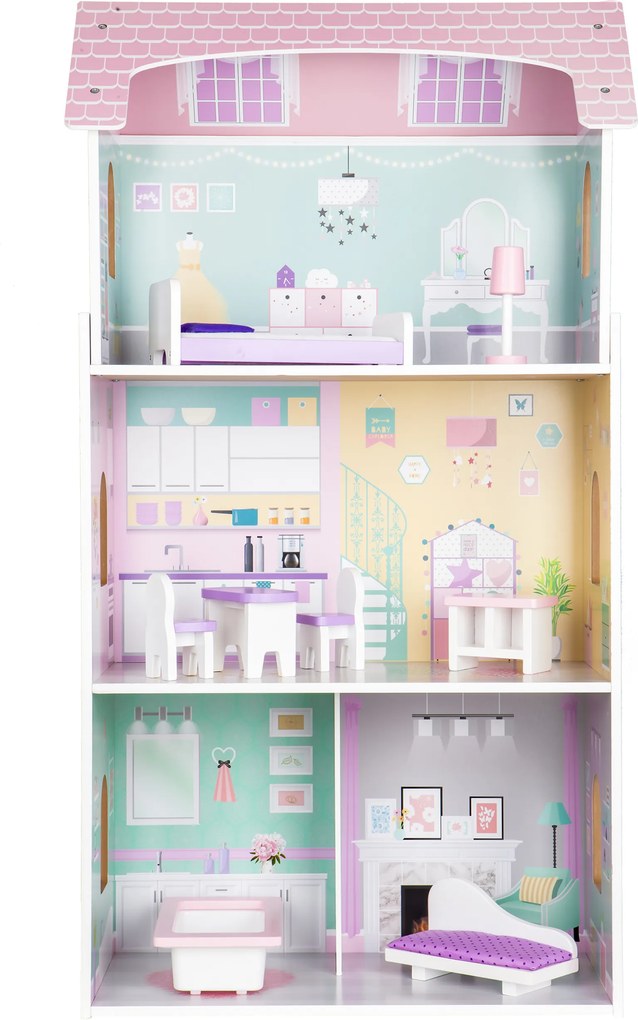 Drevený domček pre bábiky ECOTOYS – Rezidencia Jagodová, 3 poschodia, 8 ks nábytku