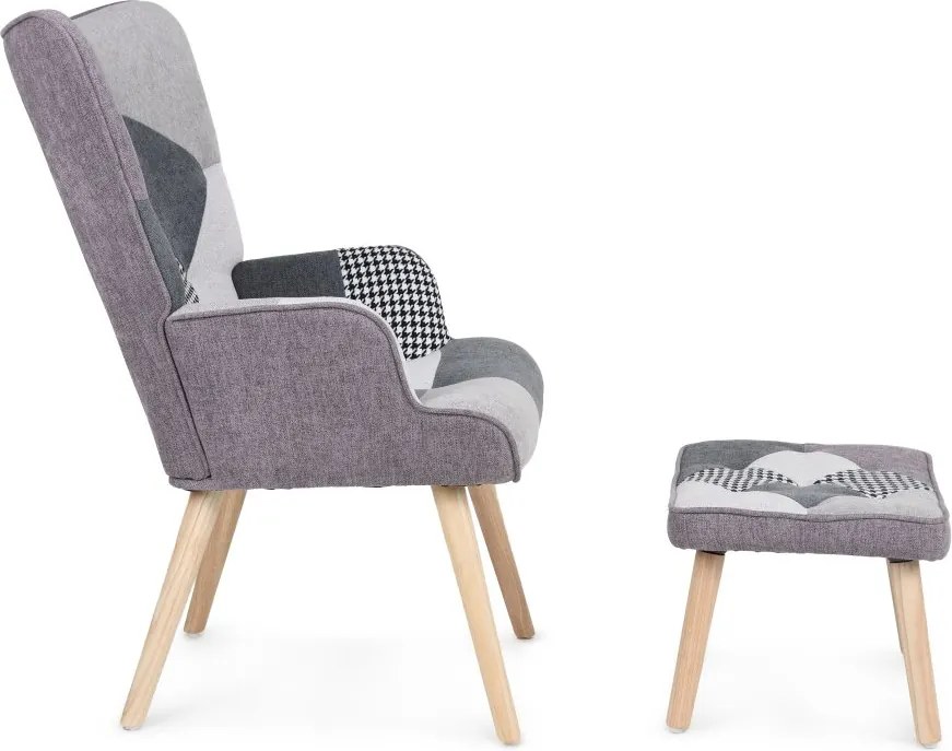 Relaxačné kreslo ušiak LISA + taburet — masív, látka, čiernobiely patchwork