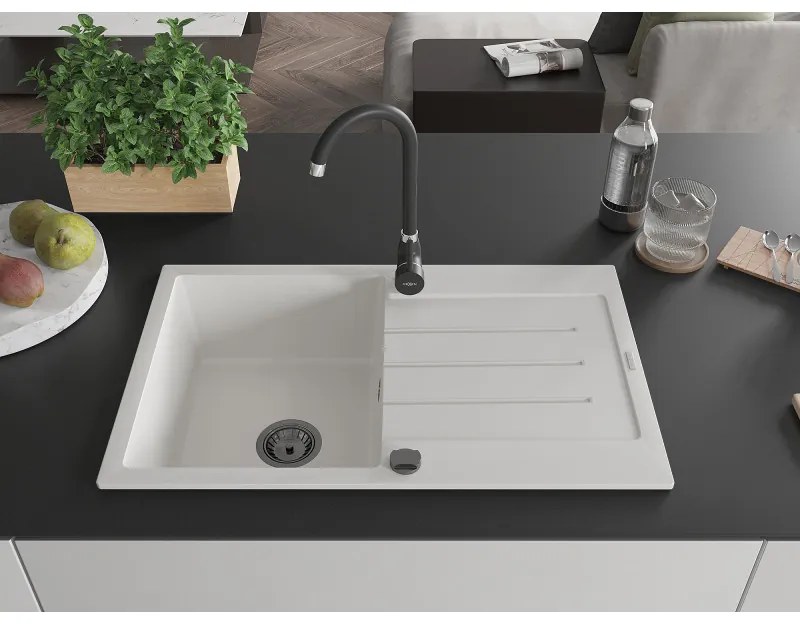 Mexen Bruno, granitový drez 795x495x200 mm, 1-komorový, biela s čiernym sifónom, 6513791010-20-B