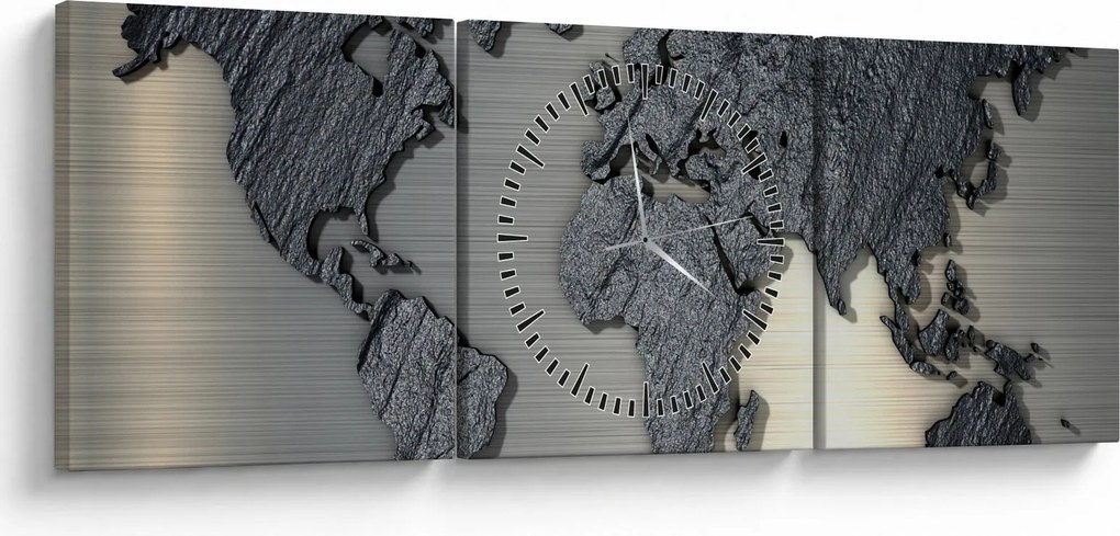 Obraz - Mapa sveta v kamennej textúre (s hodinami) (90x30 cm)