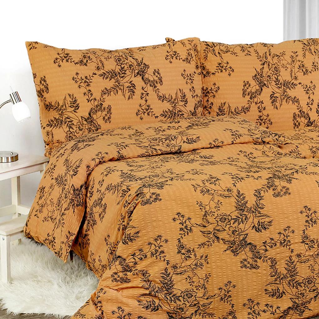 Goldea krepové posteľné obliečky - čierne kvety na tmavo oranžovom 140 x 220 a 70 x 90 cm