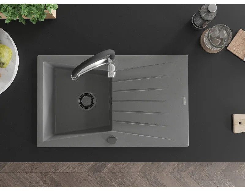Mexen Cesar, 1-komorový granitový drez 775x470x190 mm a drezová batéria Aster, šedá, 6514-71-73450-07-B