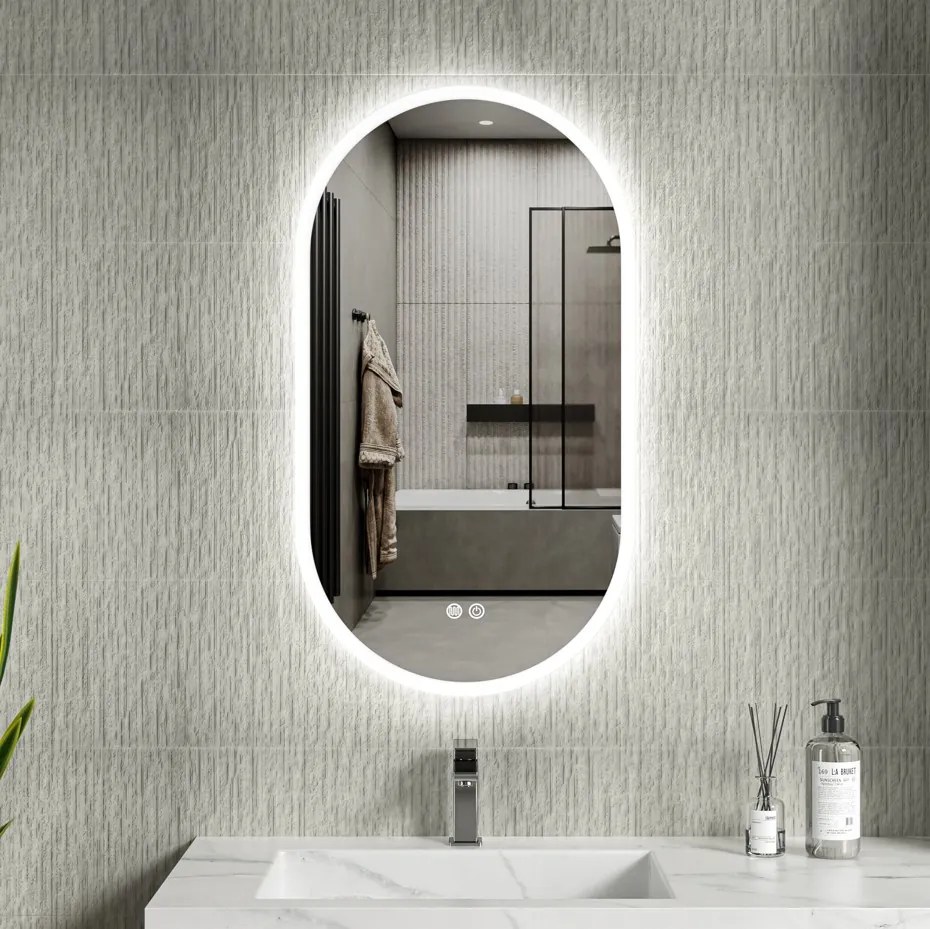 Erga Demi, oválne LED zrkadlo 50x90cm, 3 farby svetla, predné osvetlenie, vyhrievacia podložka proti zapareniu, ERG-V01-DEMI-5090-CL