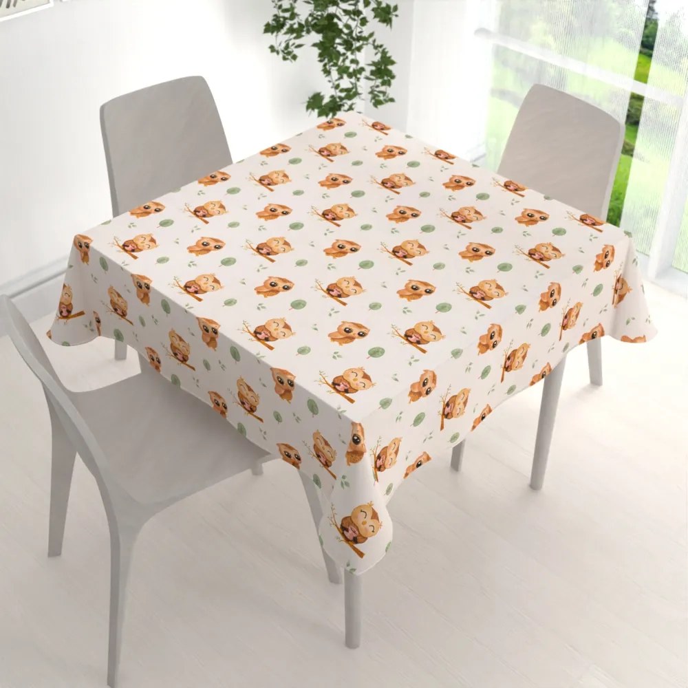 Biante Detský bavlnený štvorcový obrus Sandra SA-616 Sovičky na vetvičkách na bielom 130x130 cm