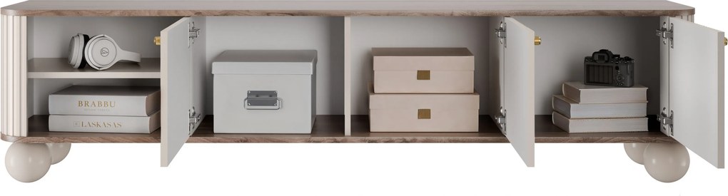 RTV skrinka Vesper 187 cm trojdverová - kasmír / orech / zlaté úchyty / guľaté nohy