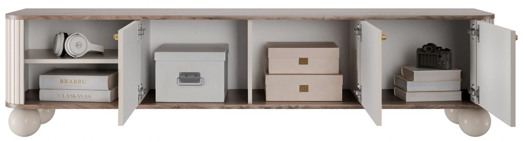 TV stolík Vesper 3D 187 cm - kašmír / orech / zlaté úchytky / guľaté nohy