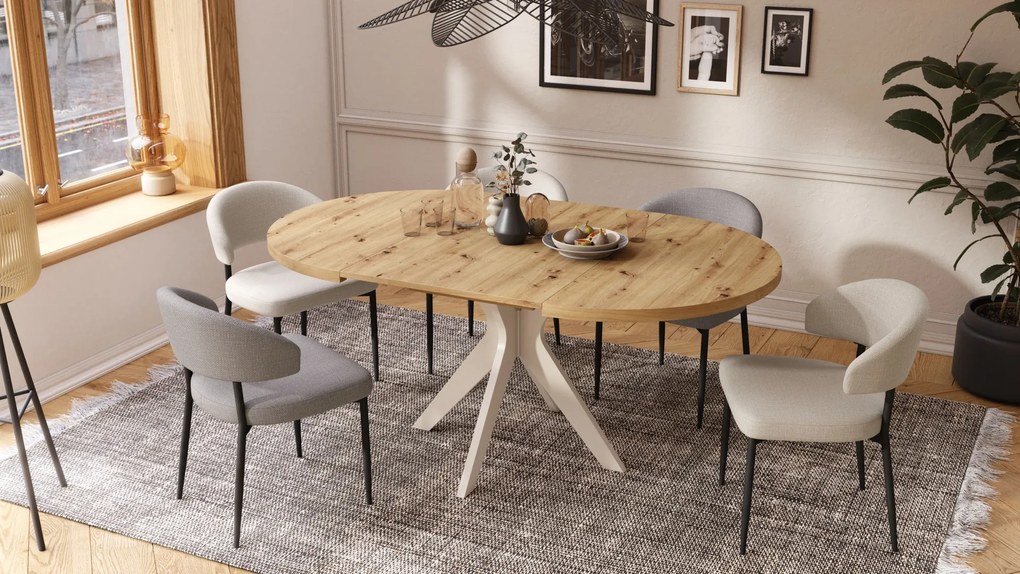 RENZO Dub Artisan/béžová noha (šampanské) - OKRÚHLY STÔL Ø110 ROZKLADACÍ DO 180 cm | DO KUCHYNE JEDÁLNE OBÝVAČKY RETRO