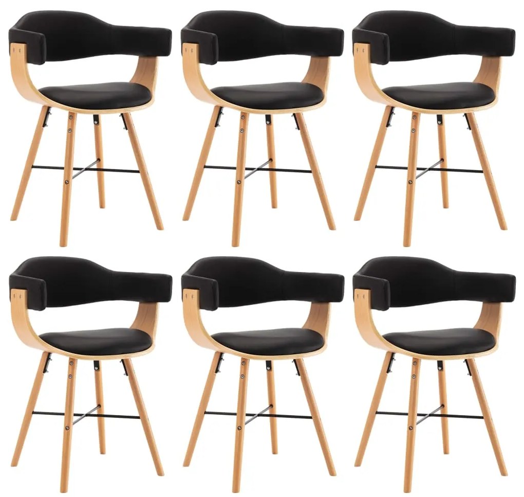 vidaXL Jedálenské stoličky 6 ks, čierne, umelá koža a ohýbané drevo