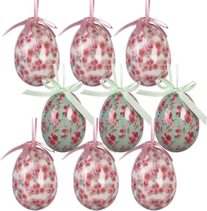 9ks dekorácia bielo-ružové závesné vajíčko s kvetmi Spring Egg - Ø 5*8 cm
