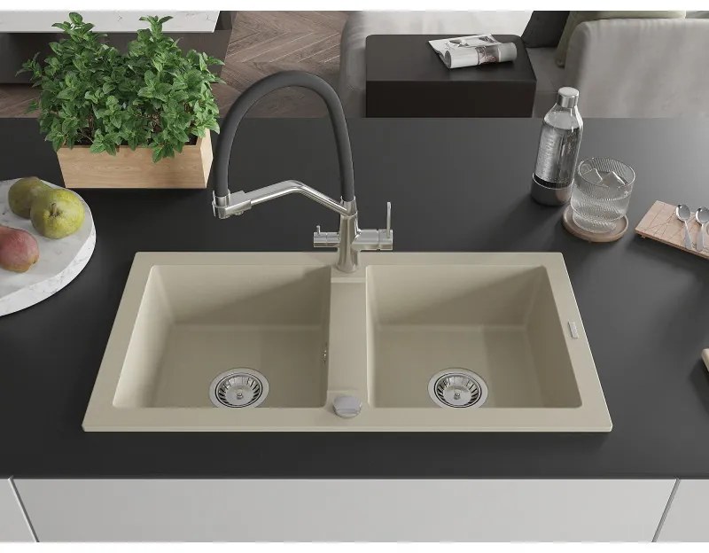 Mexen Mario, granitový drez 820x436x161 mm, 2-komorový a drezová batéria Duo, béžová, 6504-69-671701-07