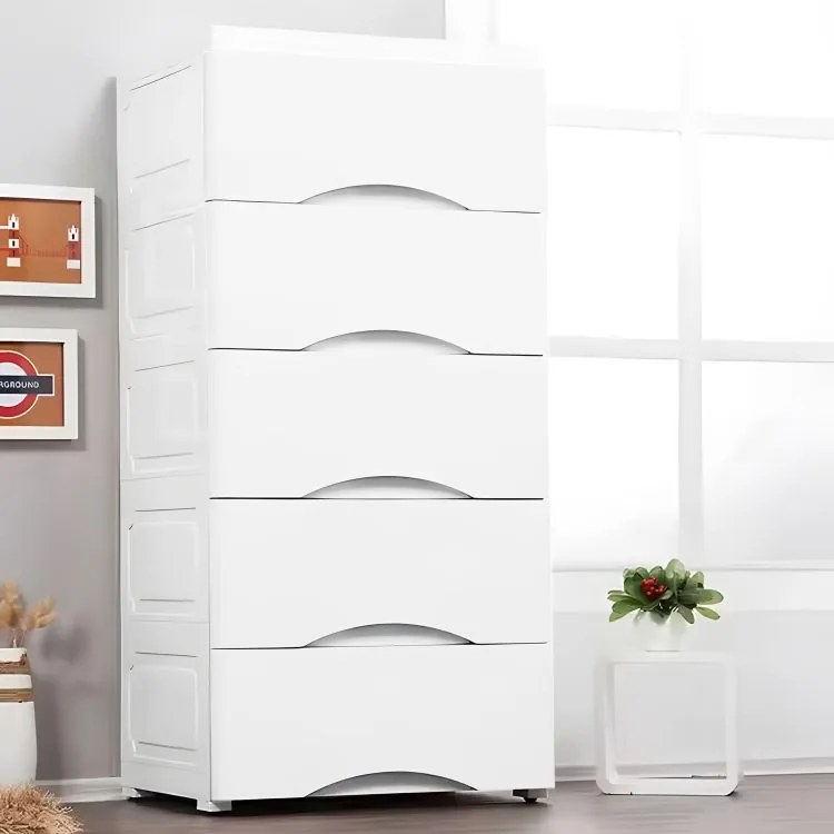 Polica s 5 výsuvnými zásuvkami, nohy s kolieskami, farebné zásuvky