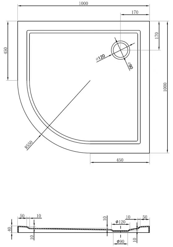 Mexen Flow, štvrťkruhová sprchová vanička slim 100 x 100 cm, biela lesklá, 46Q101010