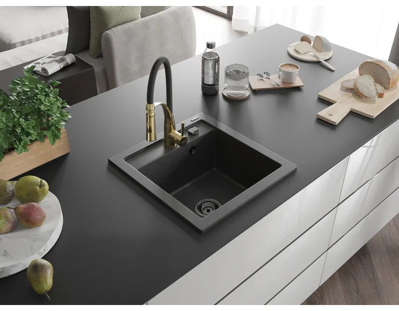 Mexen Vito, 1-komorový granitový drez 490x520x210 mm a drezová batéria Aster, čierna škvrnitá, 6503-76-73450-57-B