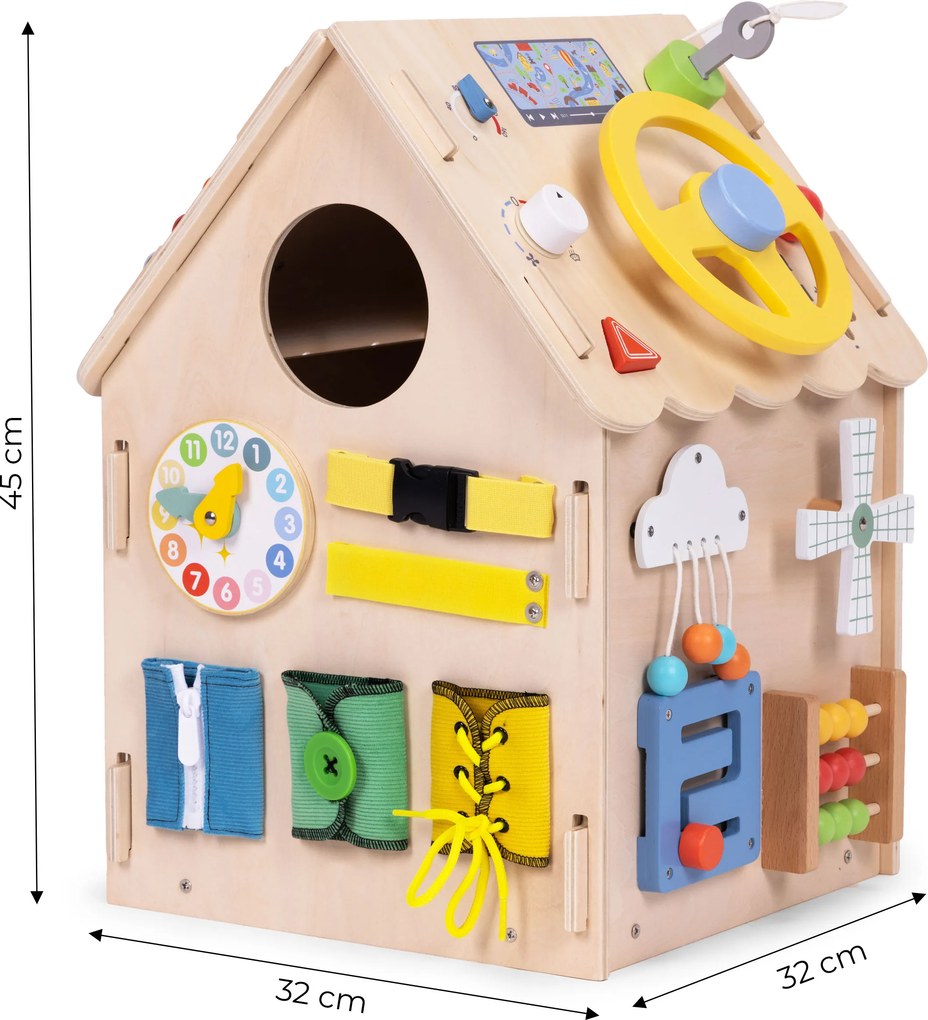Drevený manipulačný domček ECOTOYS XXL – edukatívna hračka a organizér 30 aktivít (3+)