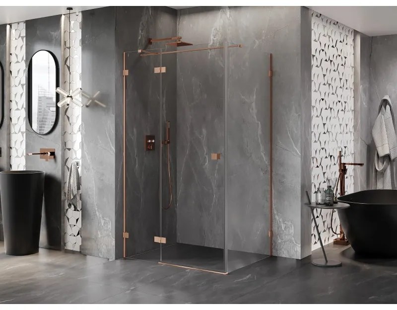 Mexen Lunar T, výklopný ľavý sprchový kút 140 x 80 cm, 8mm číre sklo, profil medená matná, 834T-140-080-65-00-L