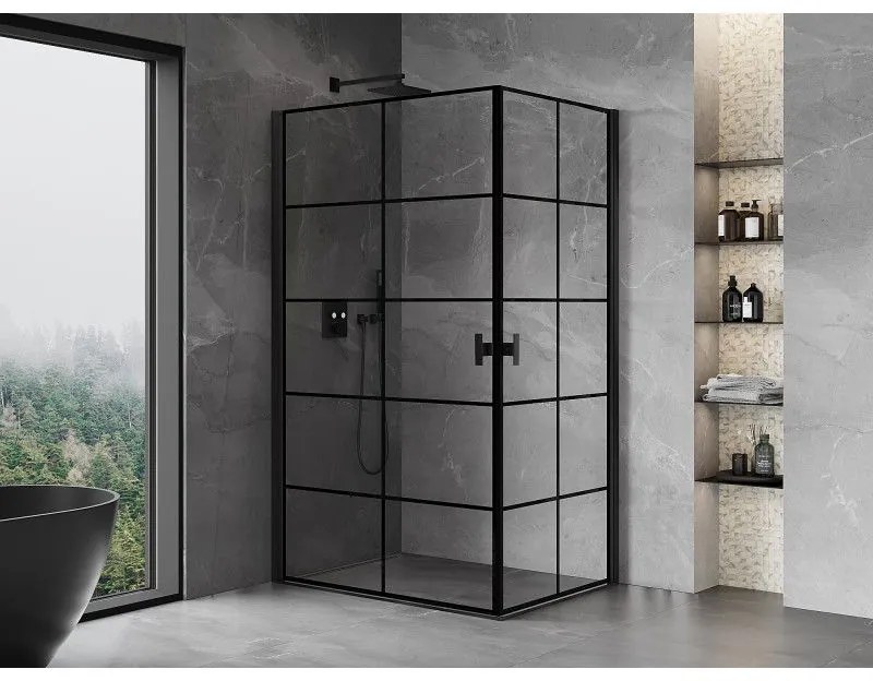 Mexen Mist-B Duo, 2-krídlový výklopný sprchový kút 70 x 80 cm, číre sklo-čierna mriežka, 8A2-070L-080P-70-77
