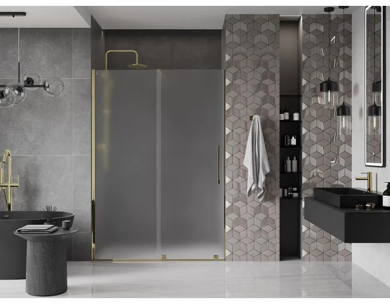 Mexen Velar, posuvné sprchové dvere do otvoru 150 cm, 8mm sklo námraza, zlatá lesklá, 871-150-000-31-50