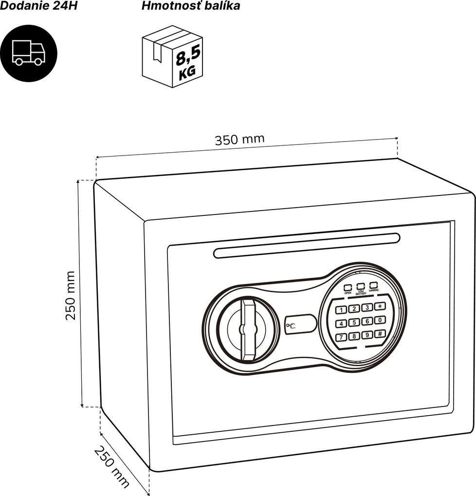 Malý vhadzovací trezor na kód, elektronický, na tržbu a obálky, 350x250x250 mm: PIERCE