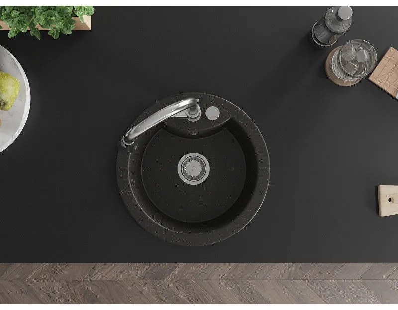 Mexen Diego, 1-komorový granitový drez 488x488x167 mm a drezová batéria Elia, čierna-zlatá metalíza, 6512-75-670101-00
