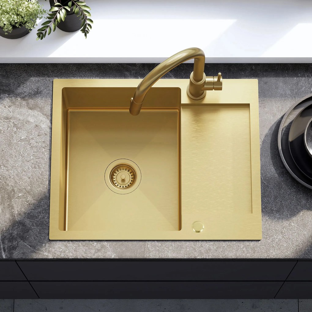 Rea Paul, 1-komorový oceľový drez 600x480x185 mm, zlatá matná, ZLE-06010