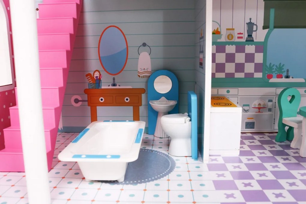 Veľký drevený domček pre bábiky ružovej farby pre deti od 3 rokov, doplnky, nábytok + 3 poschodia