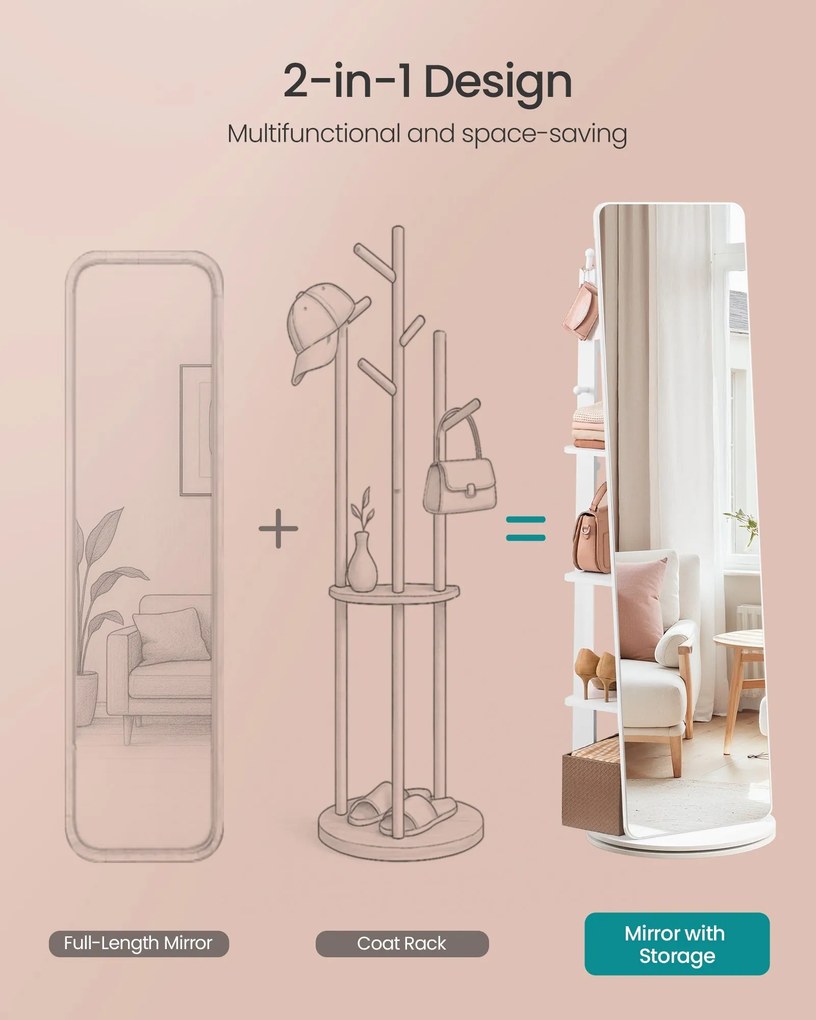 SONGMICS stojanové zrkadlo, otáčateľné o 360°, 163 x 45 cm, oblá biela