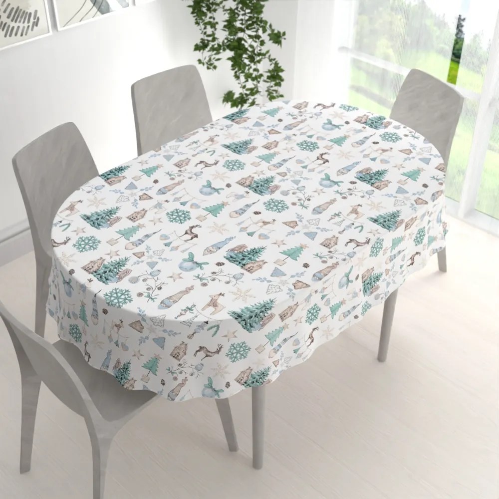 Biante Bavlnený oválny obrus Sandra SA-662 Modro-zeleno-hnedý vianočný vzor 100x140 cm