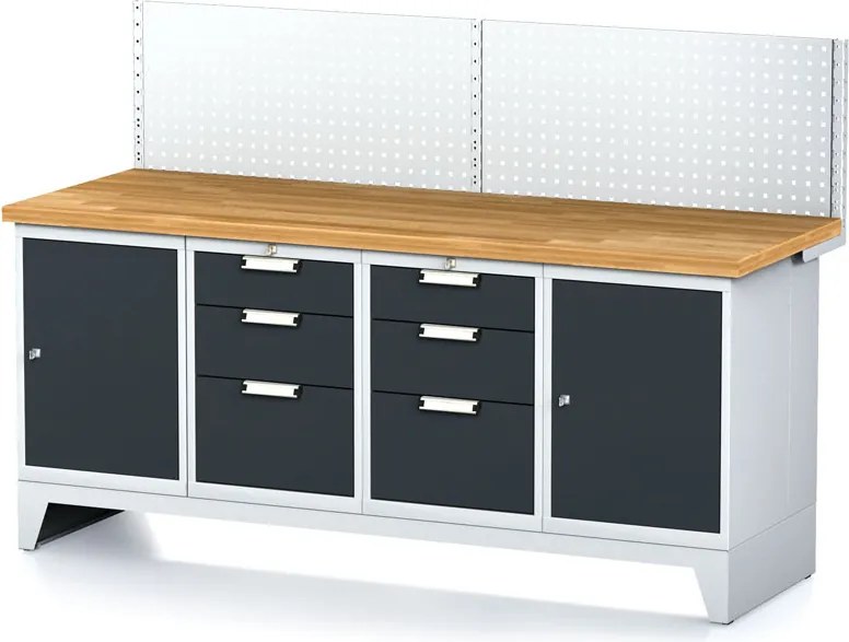 Dielenský stôl MECHANIC I, perforovaný panel, 2 skrinky a 2 zásuvkové boxy na náradie, 6 zásuviek, 2000x685x880 mm, grafit