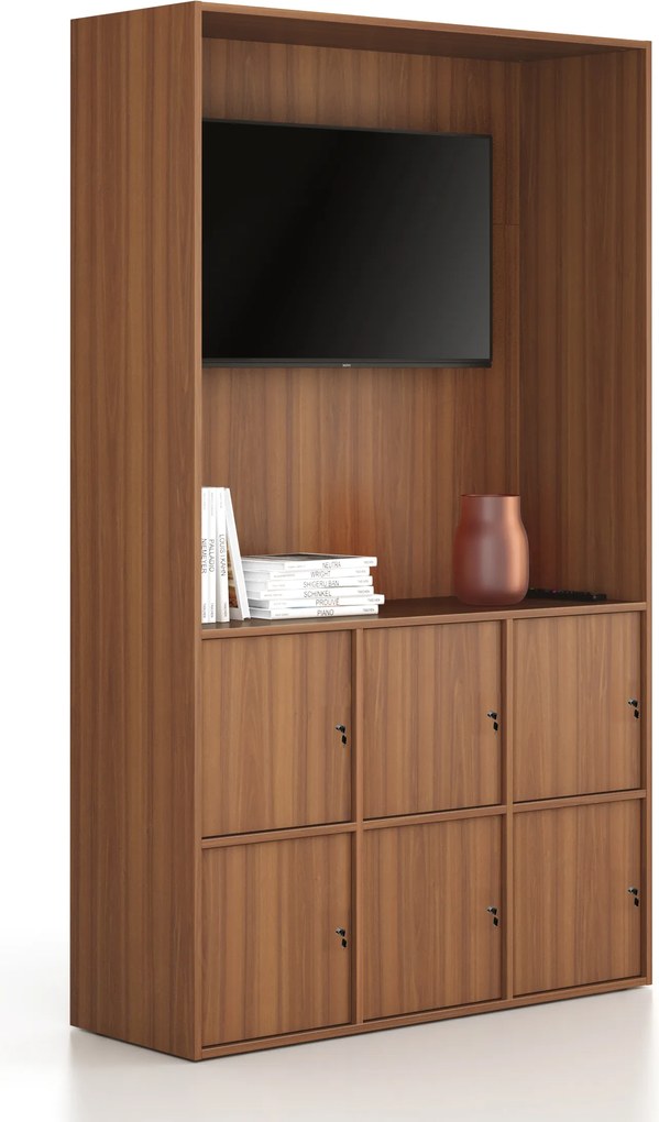 Kancelárska skriňa FRAME, 6x dvere, priestor pre TV, 1299 x 450 x 2162 mm, cylindrický zámok, orech