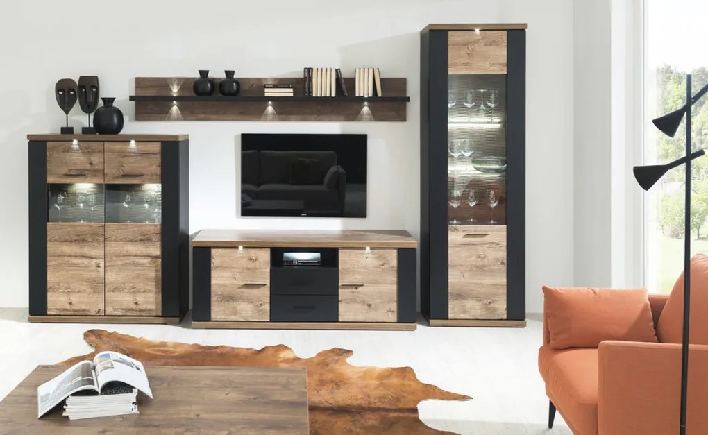 Vysoká vitrína Boston, čierna/dub ribbeck, s osvetlením, ľavá