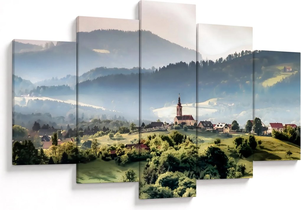 Obraz - dedinka v hmle (150x105 cm)