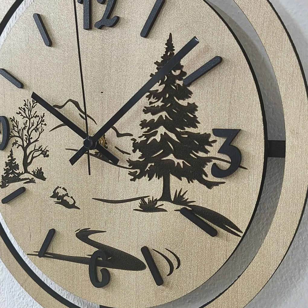 Nástenné hodiny Lesná krajina gravírované | PUPOU: HDF - Javor 30 cm 4795-115320 HDF0607
