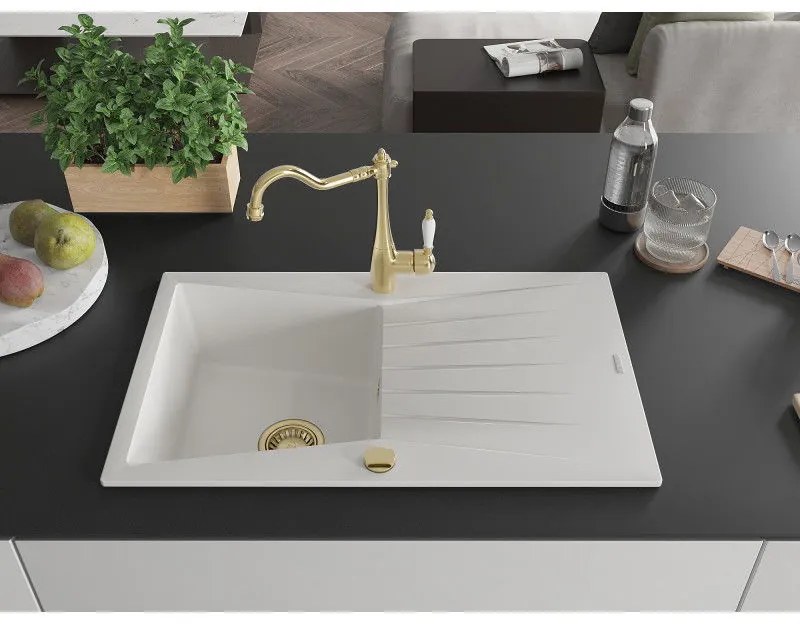 Mexen Cesar, 1-komorový granitový drez 775x470x190 mm a drezová batéria Carla, biela, 6514-20-670700-50
