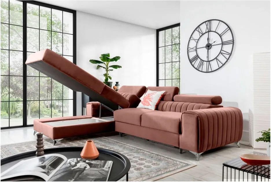 Ružová zamatová rozkladacia/s úložným priestorom rohová pohovka (ľavý roh/s leňoškou) Grayson – ELTAP